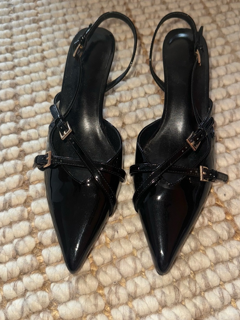 Black Patent Pointed Toe Slingback Flats - Women's Elegant Dress Shoes